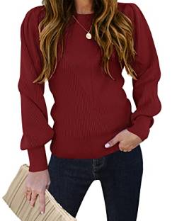 TECREW Damen Puffärmel Rundhals Pullover Pullover Casual Gemütlich Strick Slim Jumper Tops, Wein, X-Groß von TECREW