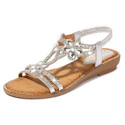 TEELONG Böhmische Sandalen für Frauen, Damen Sommer Glänzend Blume Kristall Flache Sandalen Offene Zehen Strandschuhe Sommer Casual Schuhe, Silber - silber - Größe: 40 EU von TEELONG