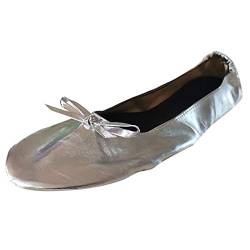 TEELONG Damen Ballett flach faltbar tragbar Reise Flache Rolle Hausschuhe Tanzschuhe Party Schuhe Komfort Casual Roud Toe Loafers Schuhe Größe 6,5-9,5 UK, Silber - silber - Größe: 43 1/3 EU von TEELONG