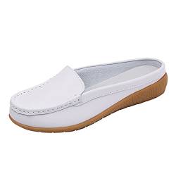 TEELONG Damen Casual Walking Schuhe Slip On Flache Loafers Kunstleder Geschlossene Zehen Hausschuhe Bequeme Pantoletten Mokassins Slides, weiß, 38 EU von TEELONG