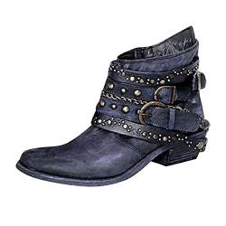 TEELONG Damen Kurze Stiefel Damen Retro Stiefel Slip On Stiefeletten Spitze Zehen Niedriger Absatz Schlupfstiefel Vintage Cowboy Westernstiefel Herbst Winterschuhe Streetwear, blau, 39.5 EU von TEELONG