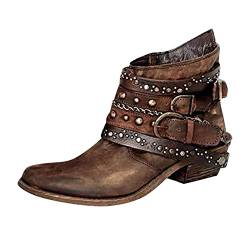 TEELONG Damen Kurze Stiefel Damen Retro Stiefel Slip On Stiefeletten Spitze Zehen Niedriger Absatz Schlupfstiefel Vintage Cowboy Westernstiefel Herbst Winterschuhe Streetwear, braun, 38 EU von TEELONG