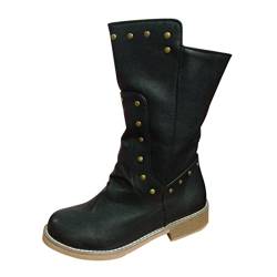 TEELONG Damen-Stiefel mit runder Zehenpartie, flacher Absatz, Cowboy-Westernstiefel, seitlicher Reißverschluss, Ritterstiefel, modische Streetwear-Schuhe, Retro-Reitstiefel, Schwarz , 38 EU von TEELONG