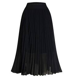 TEERFU Damen Chiffon Faltenröcke Elastisch Hohe Taille A Linie Midi Casual Langer Rock, Schwarz , 44 von TEERFU