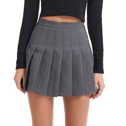 TEERFU Damen Mädchen Kurz Hohe Taille A-Linie Plissee Skater Tennis Rock Schule Minirock mit Futter Shorts, grau, 36/38 DE von TEERFU