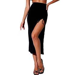 TEERFU Damen Sommer Schlitz Rock Boho Split Twist Front Oberschenkel Hohe Taille Elastischer Midi Ruched Rock, Schwarz , 48 von TEERFU