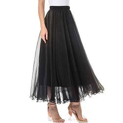 TEERFU Damenrock, lang, knöchellang, elastischer Bund, plissiert, Strand, Maxi-Chiffon, langer Sommerrock, großer Saum, doppellagig, Schwarz , 48 von TEERFU