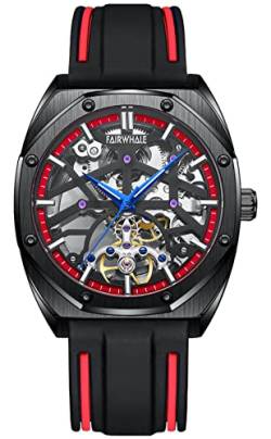 TEINTOP Armbanduhren für Herren Skelett Automatische Uhr Achteckig Uhren (Schwarz Rot) von TEINTOP