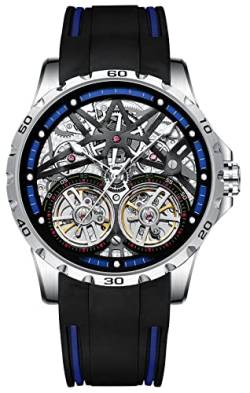 TEINTOP Armbanduhren für Herren Skelett Automatische Uhr Doppelte Unruhräder Uhren (Silber Blau) von TEINTOP