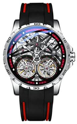 TEINTOP Armbanduhren für Herren Skelett Automatische Uhr Doppelte Unruhräder Uhren (Silber Rot) von TEINTOP
