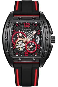 TEINTOP Armbanduhren für Herren Skelett Automatische Uhr Tonneau-Uhren mit Silikonband (Schwarz Rot) von TEINTOP