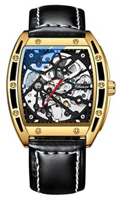 TEINTOP Chenxi Uhren für Herren Automatik Skelett Armbanduhren Leder Tonneau Uhr (Gold Schwarz) von TEINTOP