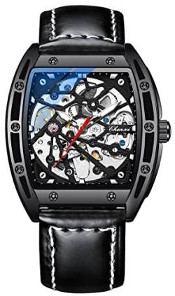 TEINTOP Chenxi Uhren für Herren Automatik Skelett Armbanduhren Leder Tonneau Uhr (Schwarz) von TEINTOP