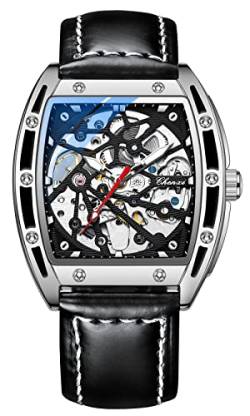 TEINTOP Chenxi Uhren für Herren Automatik Skelett Armbanduhren Leder Tonneau Uhr (Silber Schwarz) von TEINTOP
