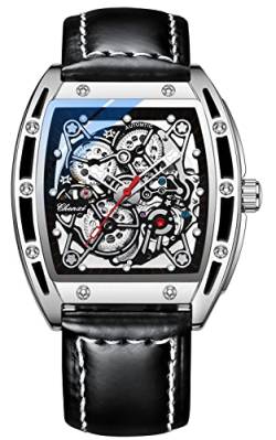 TEINTOP Chenxi Uhren für Herren Automatik Skelett Armbanduhren Leder Tonneau Uhr (Silber Schwarz) von TEINTOP