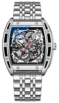 TEINTOP Chenxi Uhren für Herren Automatik Skelett Armbanduhren Leder Tonneau Uhr (Stahl Silber Schwarz) von TEINTOP
