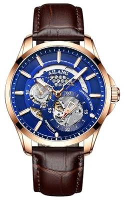 TEINTOP Herren Automatik Skelett Uhren Ailang Serie Lederband Männer Armbanduhr (Roségold Blau) von TEINTOP