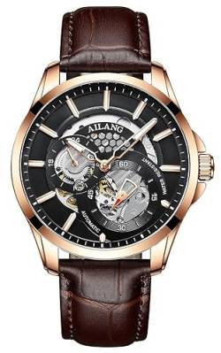 TEINTOP Herren Automatik Skelett Uhren Ailang Serie Lederband Männer Armbanduhr (Roségold Schwarz) von TEINTOP