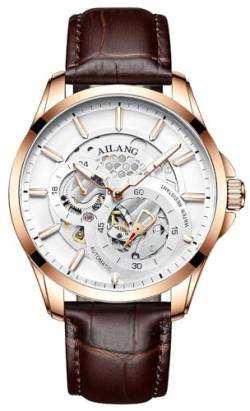 TEINTOP Herren Automatik Skelett Uhren Ailang Serie Lederband Männer Armbanduhr (Roségold Weiß) von TEINTOP