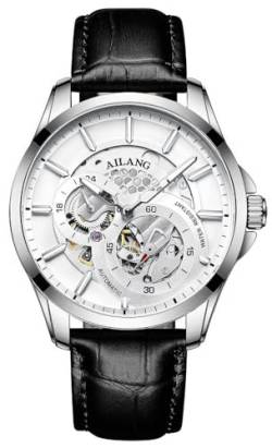 TEINTOP Herren Automatik Skelett Uhren Ailang Serie Lederband Männer Armbanduhr (Silber Weiß) von TEINTOP