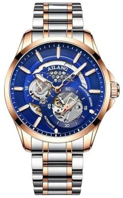 TEINTOP Herren Automatik Skelett Uhren Ailang Serie Stahlarmband Männer Armbanduhr (Roségold Blau) von TEINTOP
