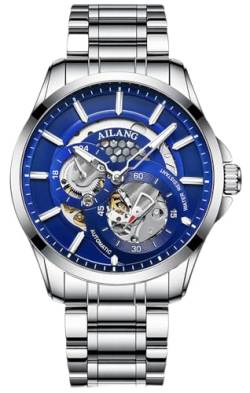 TEINTOP Herren Automatik Skelett Uhren Ailang Serie Stahlarmband Männer Armbanduhr (Silber Blau) von TEINTOP