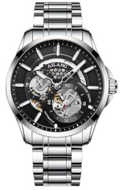 TEINTOP Herren Automatik Skelett Uhren Ailang Serie Stahlarmband Männer Armbanduhr (Silber Schwarz) von TEINTOP