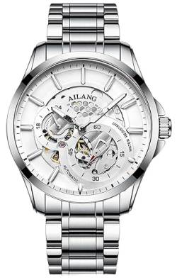TEINTOP Herren Automatik Skelett Uhren Ailang Serie Stahlarmband Männer Armbanduhr (Silber Weiß) von TEINTOP