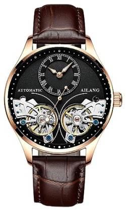TEINTOP Herren Automatik Uhren Skelett Ailang Serie Lederband Männer Armbanduhr (Roségold Schwarz) von TEINTOP
