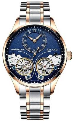 TEINTOP Herren Automatik Uhren Skelett Ailang Serie Stahlband Männer Armbanduhr (Roségold Blau) von TEINTOP