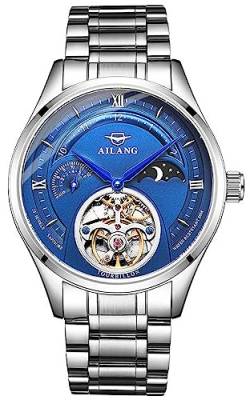 TEINTOP Herren Uhren Automatik Skelett Mechanische Mondphase Armbanduhr Männlich (Silber Blau) von TEINTOP