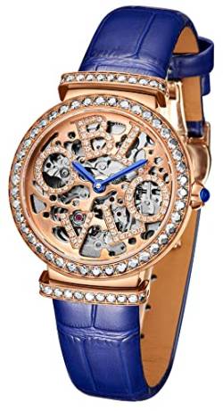TEINTOP Oblvlo Damen Uhren Automatisches Japanisches Uhrwerk Skelett Luxus Strass (Silber Blau) von TEINTOP