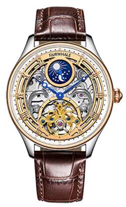 TEINTOP Skelett Uhren Herren Automatik Mondphasen Uhr Männer Mechanische Armbanduhr (Braun) von TEINTOP