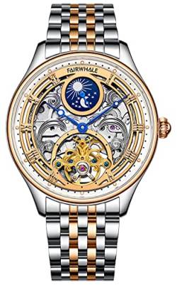 TEINTOP Skelett Uhren Herren Automatik Mondphasen Uhr Männer Mechanische Armbanduhr (Roségold) von TEINTOP