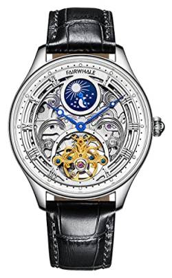 TEINTOP Skelett Uhren Herren Automatik Mondphasen Uhr Männer Mechanische Armbanduhr (Schwarz) von TEINTOP