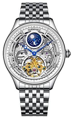 TEINTOP Skelett Uhren Herren Automatik Mondphasen Uhr Männer Mechanische Armbanduhr (Silber) von TEINTOP