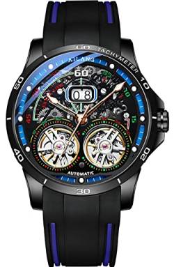 TEINTOP Skelett Uhren für Herren Automatik Mechanische mit Dual Balance Räder (Schwarz Blau) von TEINTOP