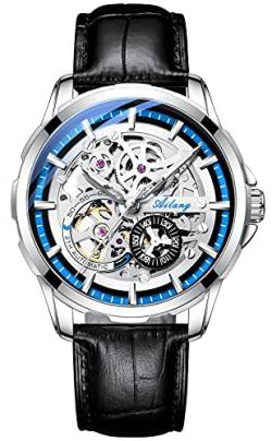 TEINTOP Skelett Uhren für Herren mit Steampunk Automatik Lederband Armbanduhren (Blau) von TEINTOP