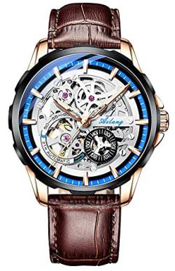 TEINTOP Skelett Uhren für Herren mit Steampunk Automatik Lederband Armbanduhren (Roségold Schwarz Blau) von TEINTOP