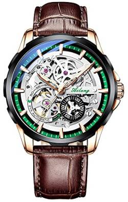 TEINTOP Skelett Uhren für Herren mit Steampunk Automatik Lederband Armbanduhren (Roségold Schwarz Grün) von TEINTOP