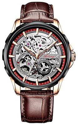 TEINTOP Skelett Uhren für Herren mit Steampunk Automatik Lederband Armbanduhren (Roségold Schwarz Rot) von TEINTOP