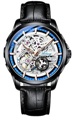 TEINTOP Skelett Uhren für Herren mit Steampunk Automatik Lederband Armbanduhren (Schwarz Blau) von TEINTOP