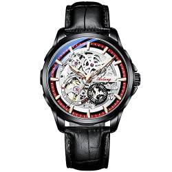 TEINTOP Skelett Uhren für Herren mit Steampunk Automatik Lederband Armbanduhren (Schwarz Rot) von TEINTOP
