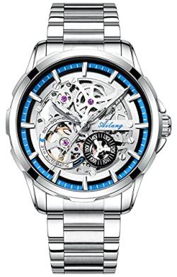 TEINTOP Skelett Uhren für Herren mit Steampunk Automatik Stahlband Armbanduhren (Blau) von TEINTOP