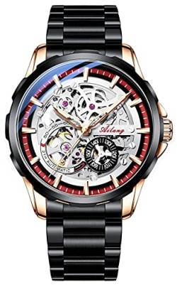 TEINTOP Skelett Uhren für Herren mit Steampunk Automatik Stahlband Armbanduhren (Roségold Schwarz Rot) von TEINTOP