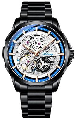 TEINTOP Skelett Uhren für Herren mit Steampunk Automatik Stahlband Armbanduhren (Schwarz Blau) von TEINTOP