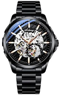 TEINTOP Skelett Uhren für Herren mit Steampunk Automatik Stahlband Armbanduhren (Stahlarmband - schwarzes Gesicht) von TEINTOP