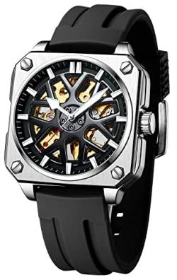TEINTOP Uhren Herren Skelett Quadratisch Automatisch Mechanisch Auto Nabe Rad Maske Armbanduhr (Silber schwarz) von TEINTOP