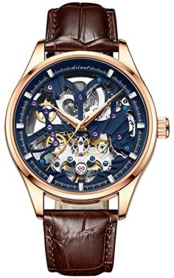 TEINTOP Uhren für Herren Automatik Skelett Armbanduhren mit Leder Uhrenarmbänder (Gold Blau) von TEINTOP