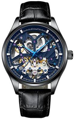 TEINTOP Uhren für Herren Automatik Skelett Armbanduhren mit Leder Uhrenarmbänder (Schwarz Blau) von TEINTOP